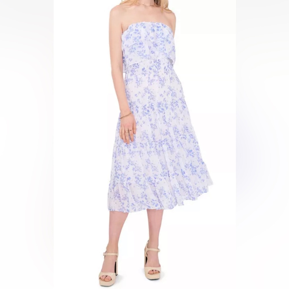 NWT 1.STATE Sz Med Strapless Ruffle Tiered Countryside Ditsy Midi Dress Ret $89!